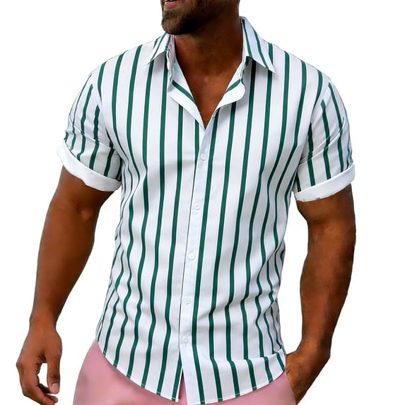 BUWTTED Shirts for Men Stripe Short Sleeve Summer Casual Lightweight Breathable Button Down Collar Green Shirts L
