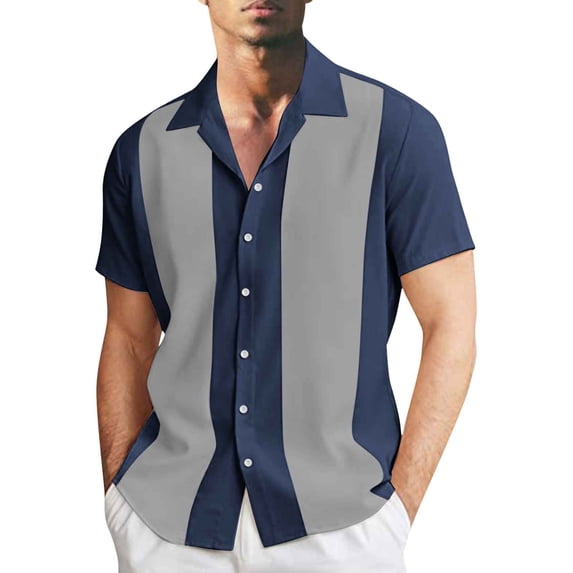 BUWTTED Shirts for Men Summer Stripe Classic Business Work Dress Casual Lapel Button Short Sleeve Grey Shirt XXL