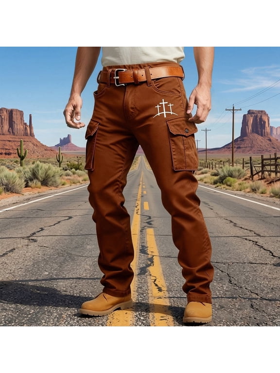 Slacks for Men Western Cargo Casual Work Trousers with Multiple Utility Pockets Outdoor Daily Wear Coffee Pants M