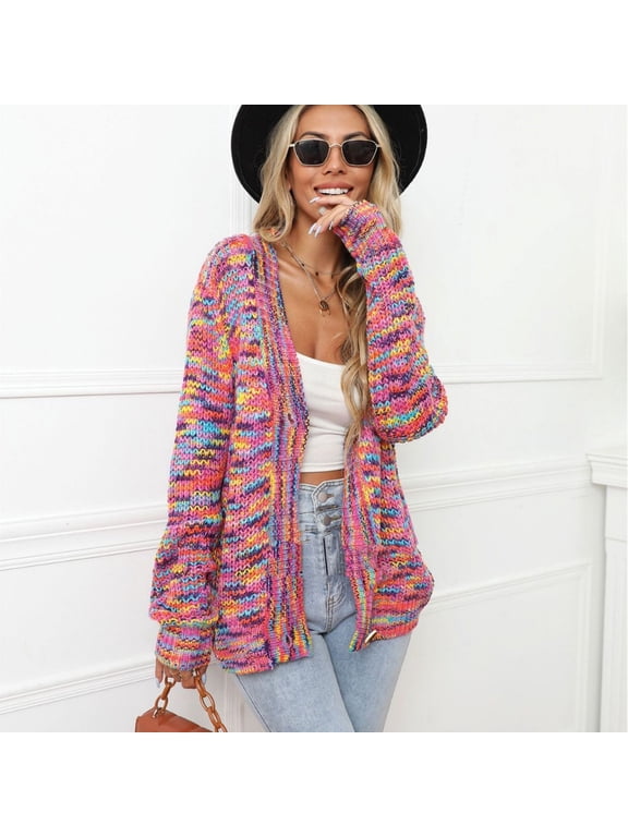 Sweaters for Women Long Sleeve Crew Neck Rainbow Knit Cardigan Open Front Fall Winter Tunic Cozy Women Sweaters Hot Pink M