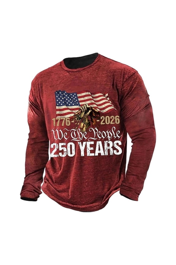 T Shirts for Man Casual 1776-2026 Flag Print Long Sleeve Comfortable Funny Graphic Crew Neck Mens Shirts XL