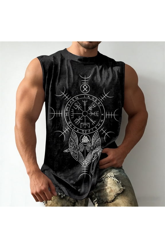 Tank Tops Men Pattern Print Muscle Retro Loose Fit Workout Sleeveless Shirt Athletic Casual Wear Comfortable Breathable Black Shirt S