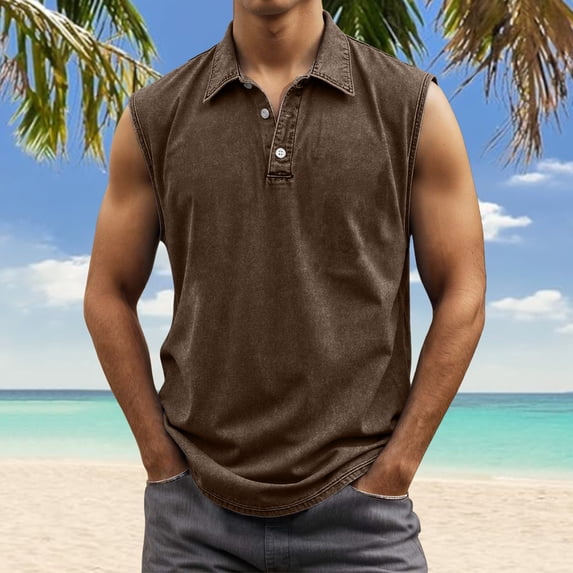 BUWTTED Tank Tops for Men Big Tall Sleeveless Muscle Gym Workout Running Beach Summer Vintage Button Up Tee Vest Brown Shirt S