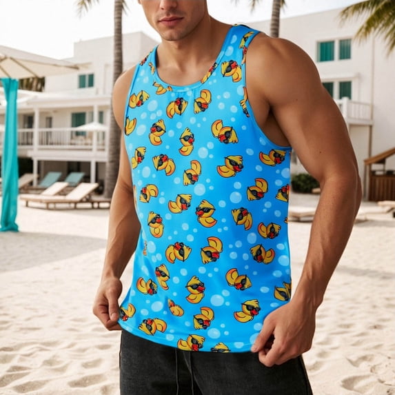 BUWTTED Tank Tops for Men Full Graphic Summer Holiday Seaside Daily Casual Style Sleeveless Hawaiian Beach Breathable Blue Shirt L