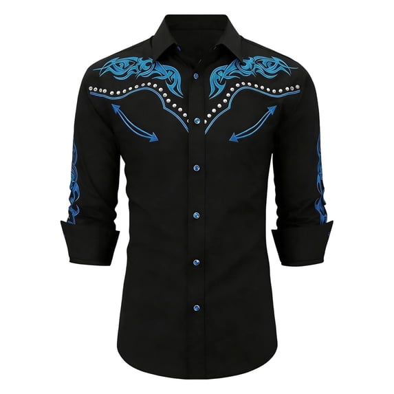 BUWTTED Western Shirts for Men Embroidered Long Sleeve Button Down Regular Work Dress Spring Fall Cowboy Black2 Shirts S-XXXL