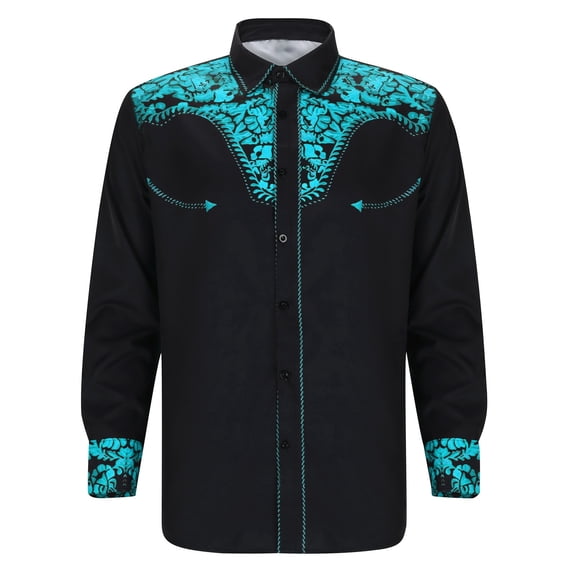 BUWTTED Western Shirts for Men Embroidered Long Sleeve Button Down Regular Work Dress Spring Fall Cowboy Sky Blue Shirts S-XXXL