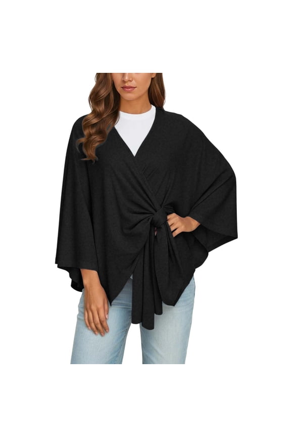 Women's Elegant Shawl Wraps Soft Open Front Poncho Sweater for Spring Fall Winter Black One Size