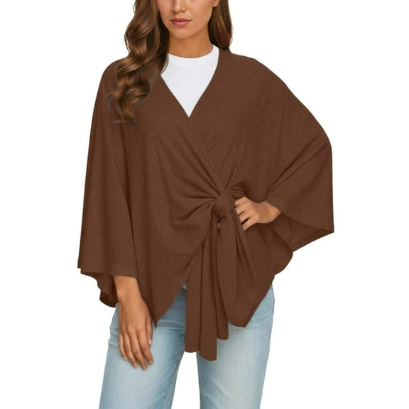 BUWTTED Women's Elegant Shawl Wraps Soft Open Front Poncho Sweater for Spring Fall Winter Coffee One Size
