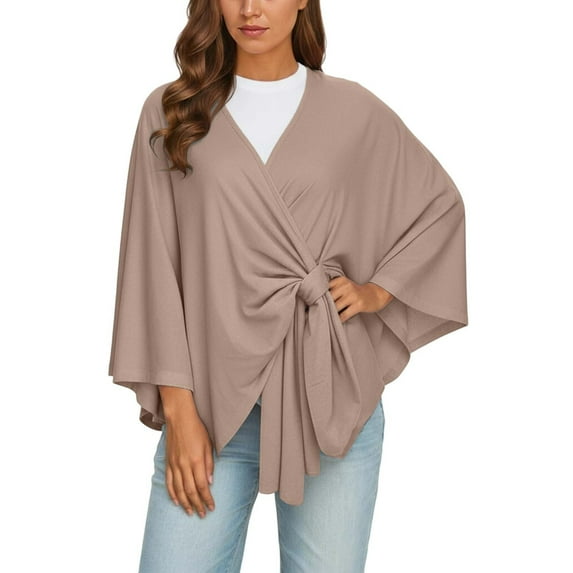 BUWTTED Women's Elegant Shawl Wraps Soft Open Front Poncho Sweater for Spring Fall Winter Khaki One Size