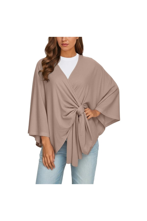 Women's Elegant Shawl Wraps Soft Open Front Poncho Sweater for Spring Fall Winter Khaki One Size