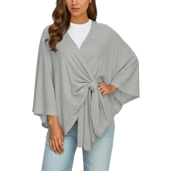 BUWTTED Women's Elegant Shawl Wraps Soft Open Front Poncho Sweater for Spring Fall Winter Light Gray One Size