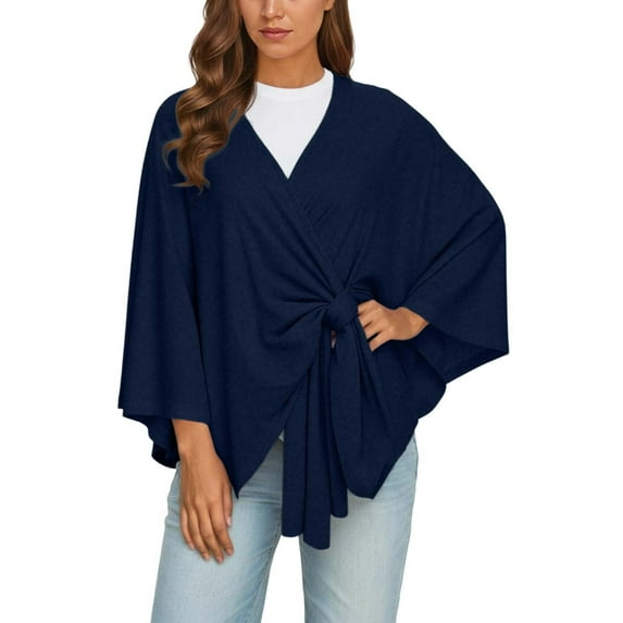 BUWTTED Women's Elegant Shawl Wraps Soft Open Front Poncho Sweater for Spring Fall Winter Navy One Size