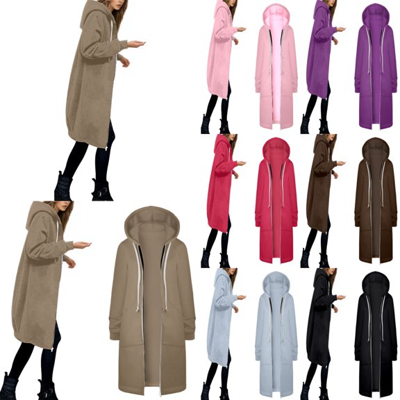 BUWTTED Womens Hoodies 2025 Zip Up Sweatshirts Oversized Fashion Long Hooded Fall Winter Fleece Jackets with Pockets Khaki M