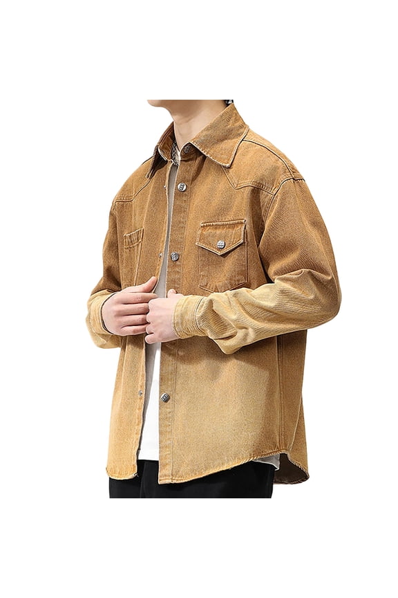 Button Down Shirt Men Distressed Denim Jacket Faded Workwear Casual Top Outdoor Comfortable Long Sleeve Classic Western Yoke Yellow Shirt L