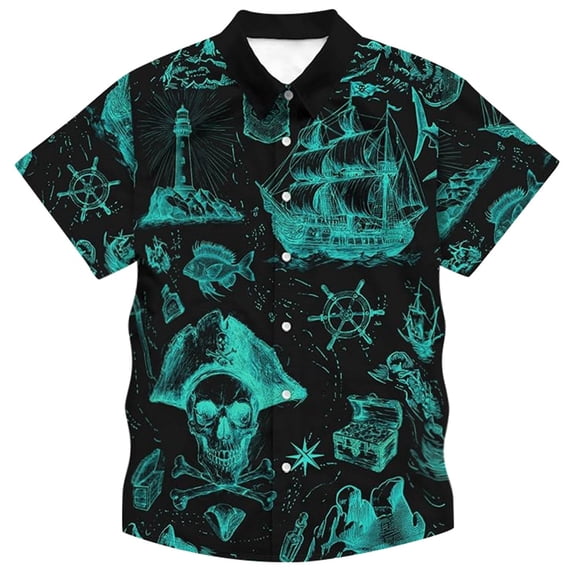 BUWTTER Button Down Shirt Men Shrot Sleeve Summer Printed Casual Full Graphic Beach Vacation Green Shirt L