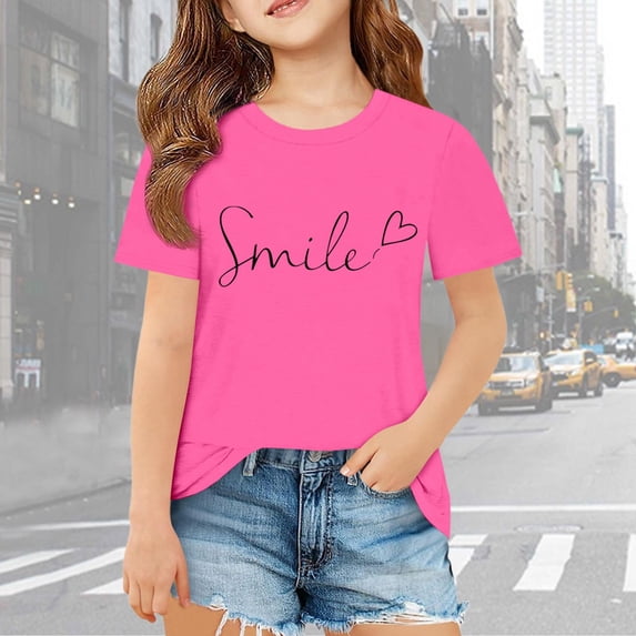 BUWTTER Cute Shirts for Girls Oversized Short Sleeved Top Casual Letter Print Summer Loose Fit Plus Size Basic Pink Shirt Size 13-14 Y