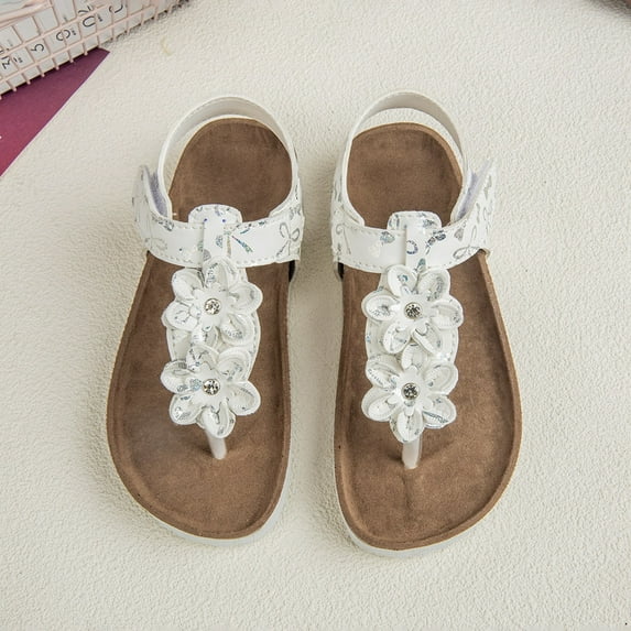 BUWTTER Girl's Sandals Summer Large Sized Casual Open Toe Floral Slip On Cork Lightweight Beach Flip Flops White Sandals Size 9-9.5 Y
