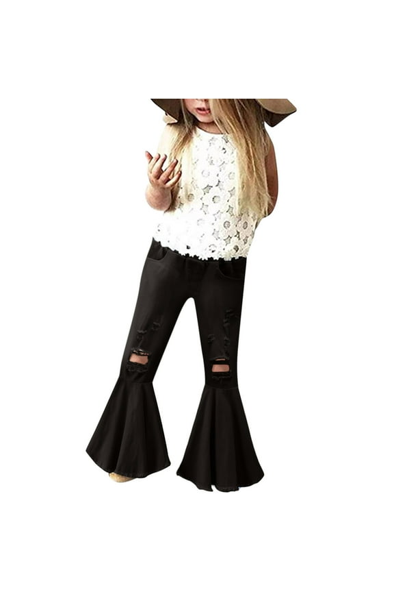 Girls Pants Denim Bell Bottom Trousers Ruffles Flare Ripped Jeans Kids Slim Fit Ripped Casual Black Pants Size 5-6 Y