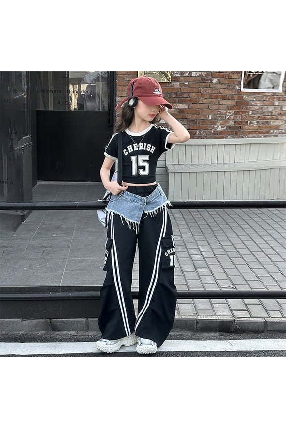 Girls Pants Jazz Street Dance Cargo Denim Overalls Teen Baggy Wide Leg Jumpsuit with Waist Belt Drawstring Hem Black Pants Size 6-7 Y