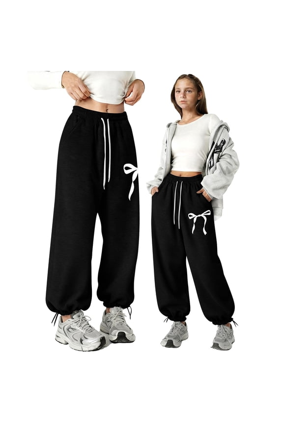 Girls Pants Loose Fit Bow Tie Jogger Lightweight Athletic Tapered Drawstring Pockets Casual Comfort Playwear Black Pants Size 10-11 Y