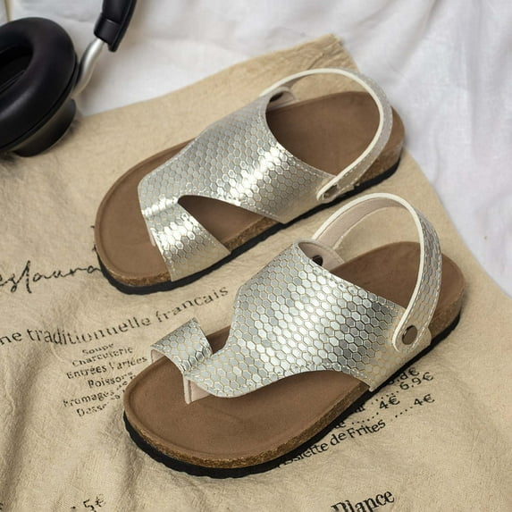 BUWTTER Girls Sandals Summer Large Sized Retro Sequined Flip Flops Soft Soles Casual Beach Lightweight Separate Toes Gold Sandals Size 5-5.5 Y