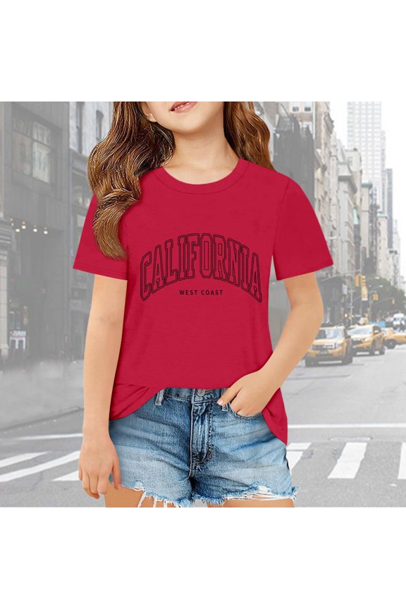 Girls Shirts Oversized Summer Casual Letter Print Short Sleeved Top Loose Fit Plus Size Basic Wine Shirt Size 3-4 Y