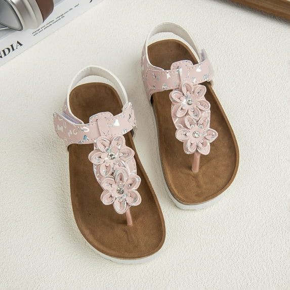 BUWTTER Kids Sandals Girls Summer Large Sized Casual Open Toe Floral Slip On Cork Lightweight Beach Flip Flops Red Sandals Size 7.5-8 Y