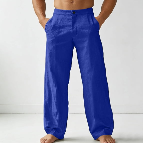 BUWTTER Linen Pants for Men Lightweight Casual Beach Vacation Wear Summer Breathable Comfortable Straight Leg Slacks with Button BU1 L