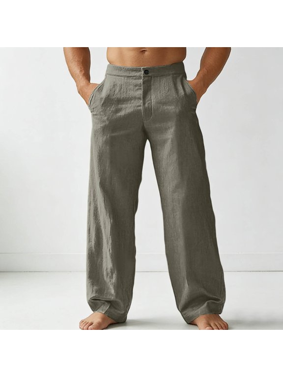 Linen Pants for Men Lightweight Casual Beach Vacation Wear Summer Breathable Comfortable Straight Leg Slacks with Button GY2 XL