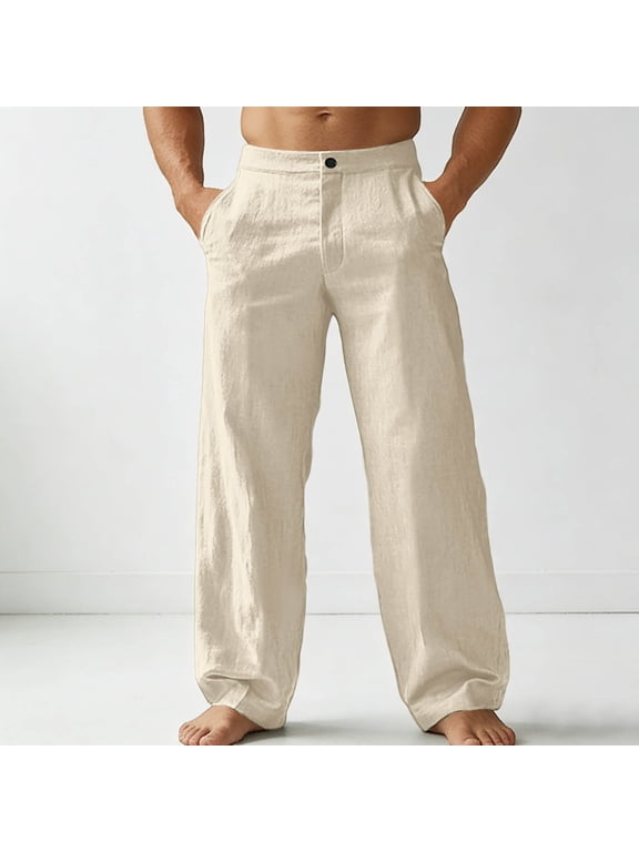 Linen Pants for Men Lightweight Casual Beach Vacation Wear Summer Breathable Comfortable Straight Leg Slacks with Button Khaki XL