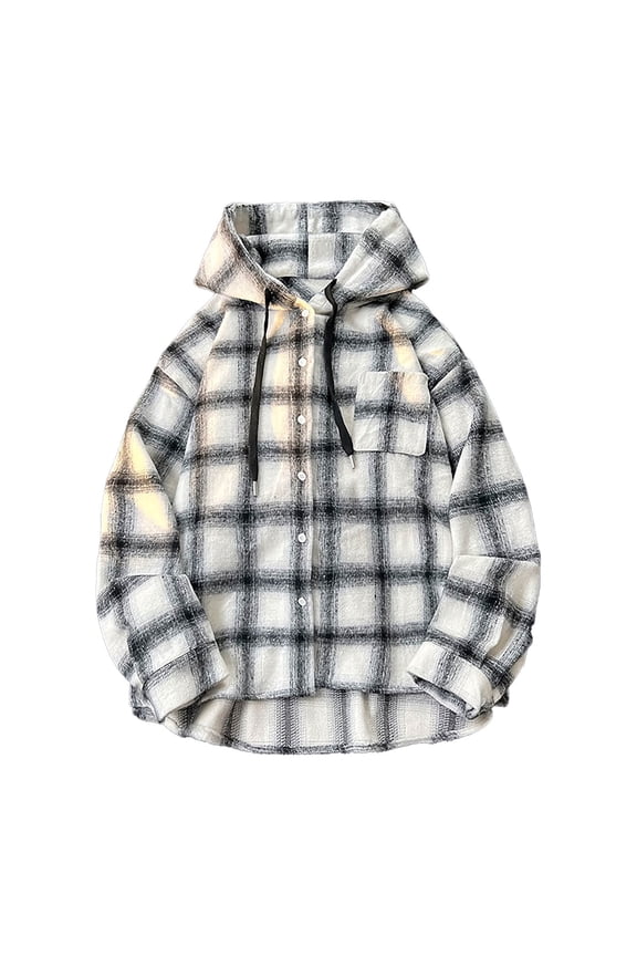 Men Shirts Button Down Spring Fall Check Print Loose Fit Casual Long Sleeved Plaid Trendy White Shirt M