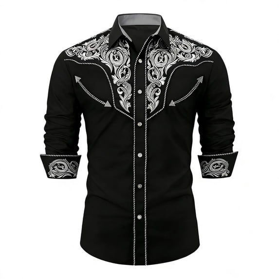 BUWTTER Men Shirts Button Down Western Cowboy Long Sleeve Embroidered Slim Fit Casual with Pockets Black1 Shirt XXL