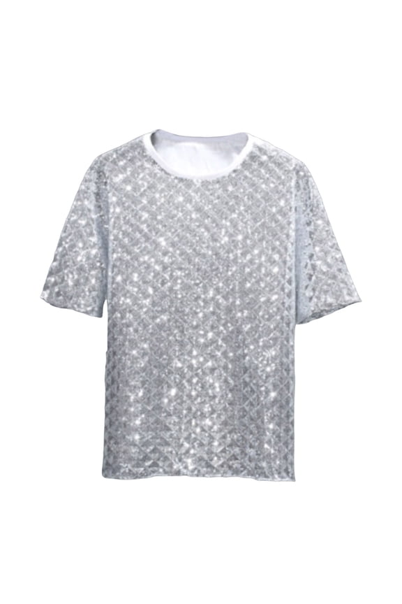 Men T Shirts Stage Performance Round Neck Show Dance Party Short Sleeve Soft Mens Shirts Silver XL