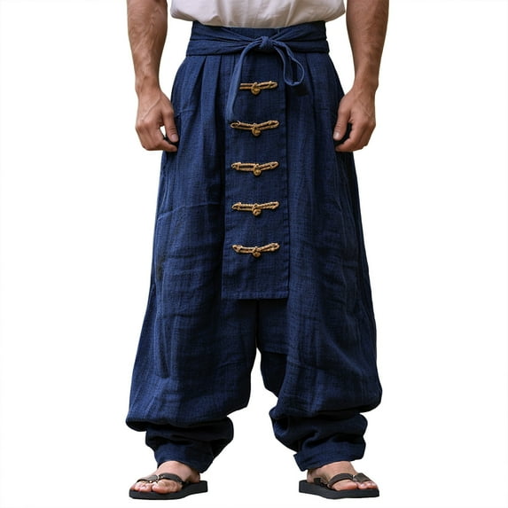 BUWTTER Men's Pants Summer Loose Button Drawstring Elastic Waist Grain Comfortable Breathable Full Length Outdoor Yoga Casual Trousers Navy L