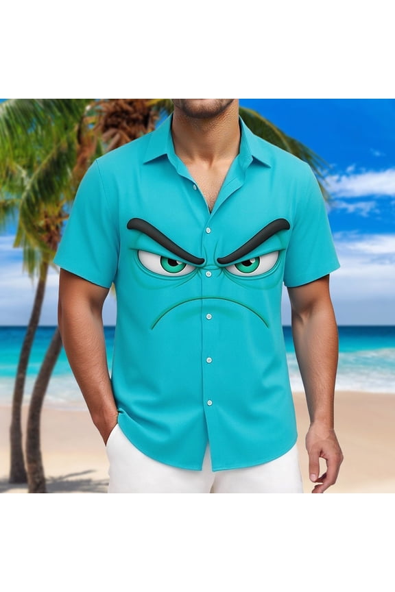 Men's Shirts Funny Face Print Summer Shirt Button Down Short Sleeve Lapel Tops Sky Blue-Serious Face S