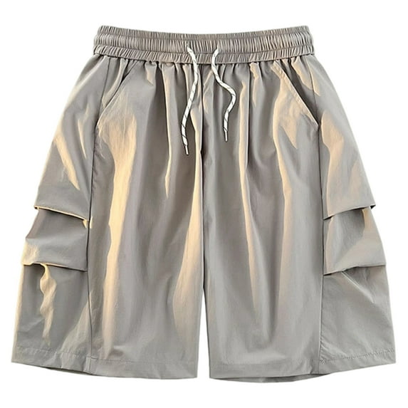 BUWTTER Men's Shorts Summer Loose Pocket Casual Comfortable Breathable Sports Solid Color Elastic Waisted Grey Shorts L