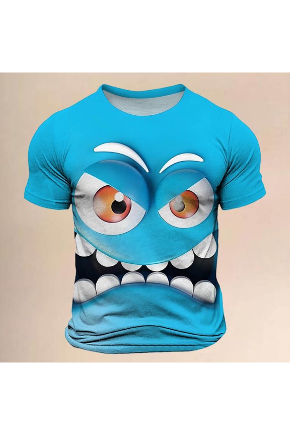 Men's T Shirts Angry Face Emoticon Graphic Tees Short Sleeve Round Neck Funny Tops Blue XXXL