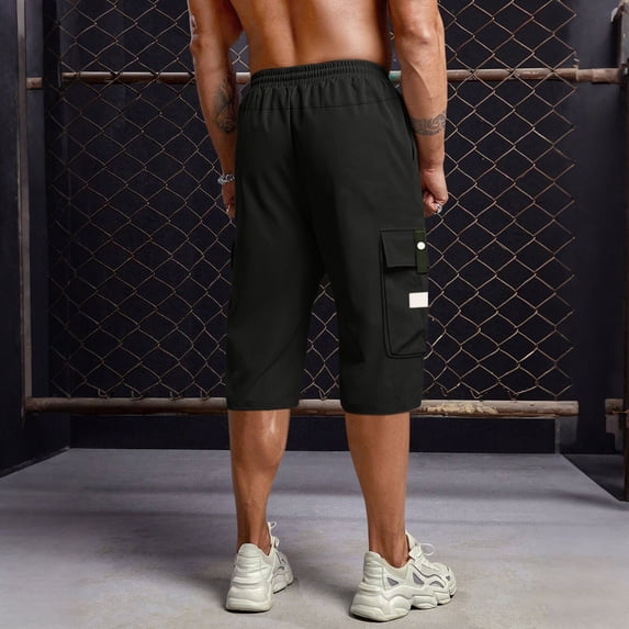 BUWTTER Mens 3/4 Length Cargo Pants Straight Leg 7 Inch Shorts Drawstring Elastic Waist with Multiple Pockets Black XL