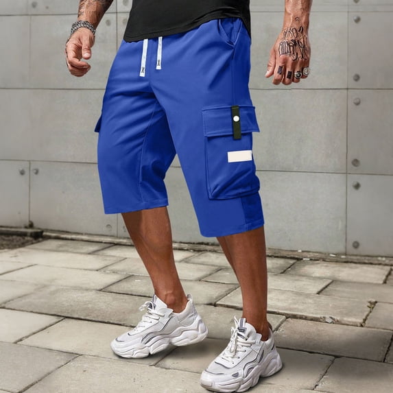 BUWTTER Mens 3/4 Length Cargo Pants Straight Leg 7 Inch Shorts Drawstring Elastic Waist with Multiple Pockets Blue S