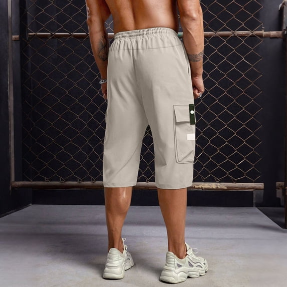 BUWTTER Mens 3/4 Length Cargo Pants Straight Leg 7 Inch Shorts Drawstring Elastic Waist with Multiple Pockets Khaki L