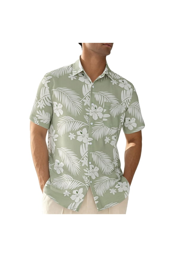 Mens Button Down Shirt Casual Resort Short Sleeve Summer Beach Outdoor Activities Floral Print Green Shirt L