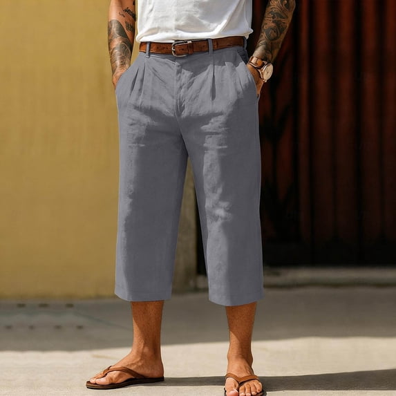BUWTTER Mens Capri Pants Flat Front 3/4 Length Trouers Summer Lightweight Breathable Straight Leg Shorts with Pockets Grey XL