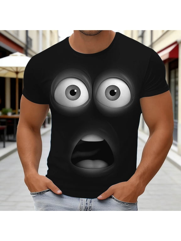 Mens Funny Graphic Tees Short Sleeve Crew Neck Tops Slim Fit 3D Surprised Expression Print T Shirts Black L
