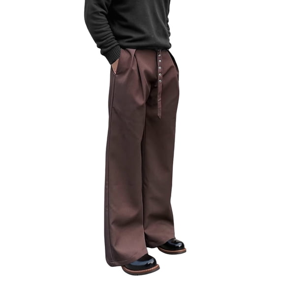 BUWTTER Mens Pants Spring Fall Outdoor Casual Belted Loose Solid Color Suit Dressy Trendy Trousers Brown XXL