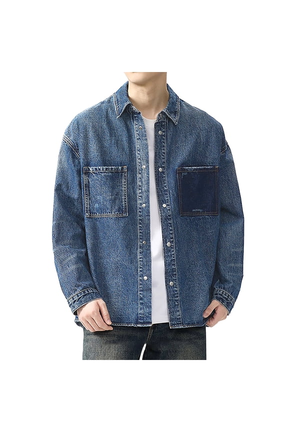 Mens Shirts Button Down Denim Jacket Relaxed Fit Casual Long Sleeve Distressed Workwear Top Classic Western Yoke Button Blue Shirt L