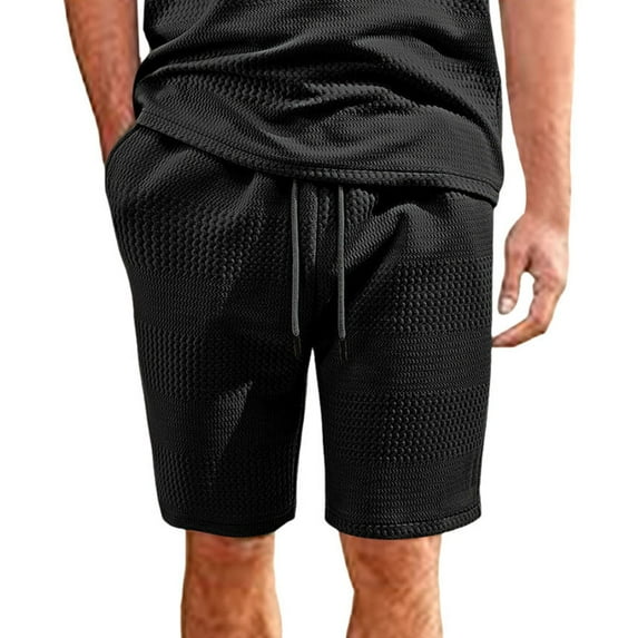 BUWTTER Mens Shorts Solid Color Drawstring Jacquard Casual Loose Comfortable Business Sports Black Shorts L
