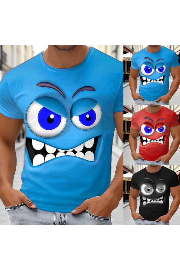 Mens T Shirts Short Sleeve Round Neck Summer Shirts Angry Face Emoticon Funny Graphic Tees Blue XL