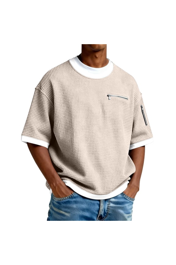 Mens Tshirts Contrast Panel Short Sleeve Casual Crew Neck Tee Side Stripes Comfortable Blend Men's Shirts Khaki L