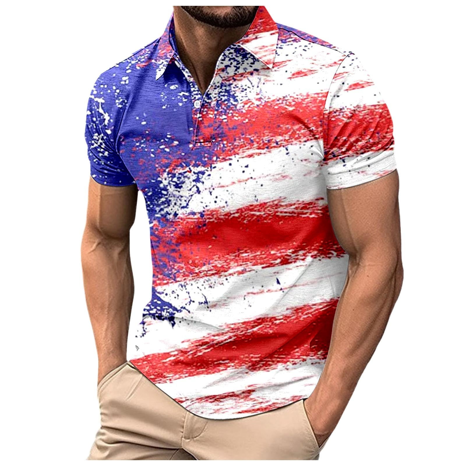 BUWTTER Mens Tshirts Short Sleeve Button Down Collar Top All Over Print ...