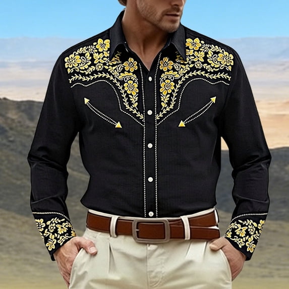 BUWTTER Mens Western Shirts Cowboy Slim Fit Spring Fall Tops Long Sleeve Button Down Shirts Black XXL